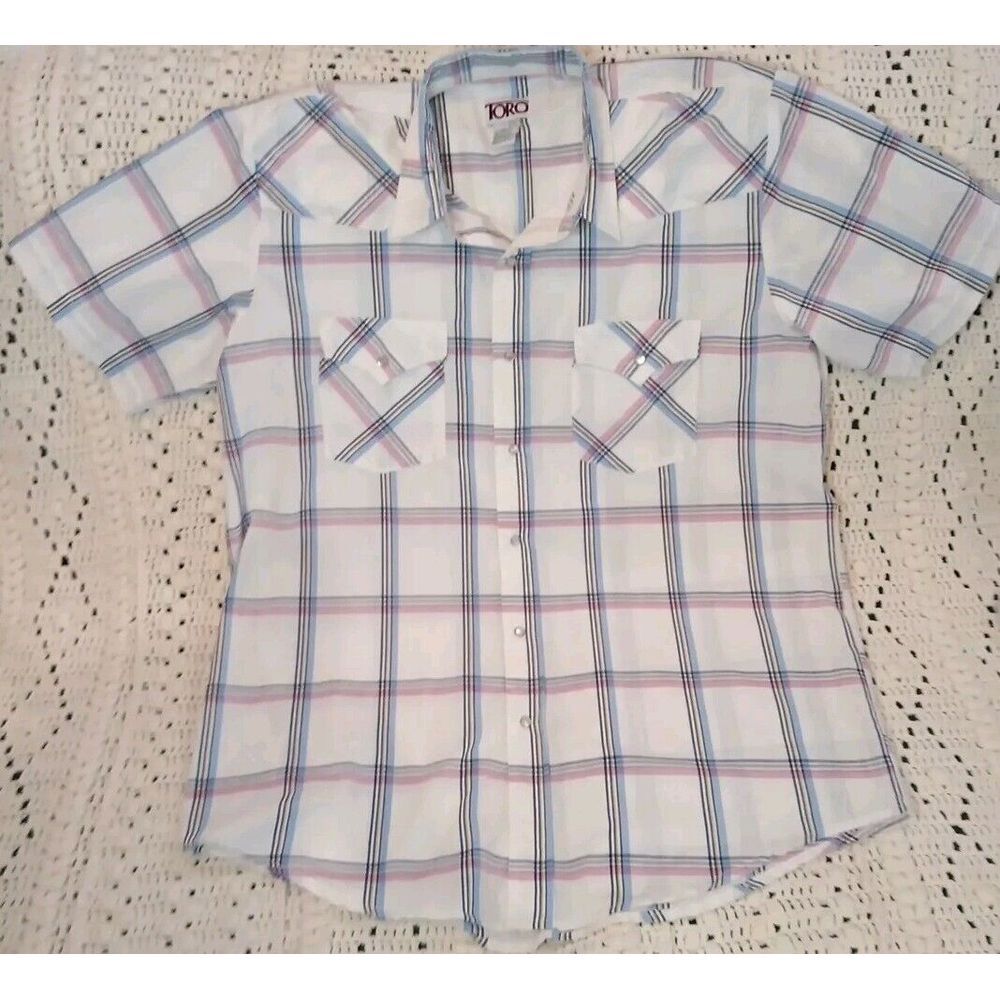 TORO pearl snap button collar Shirt cowboy short‎ sleeve plaid Men's Large Retro